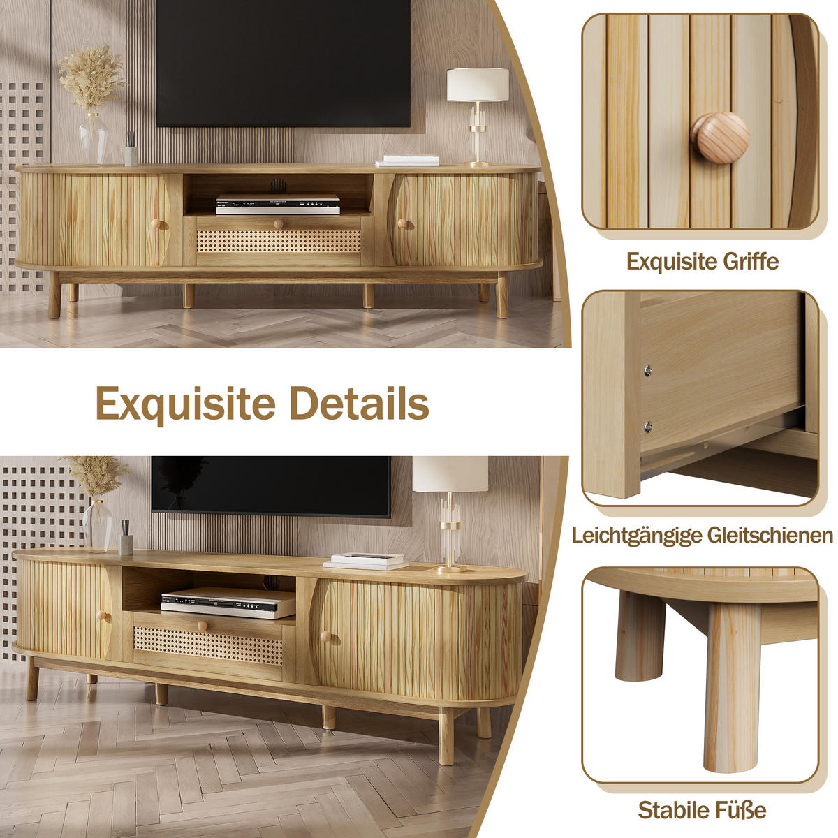 TV-SCHRANK 165 cm Natur MDF mit Rattan-Schublade, Schiebetüren & Stauraum - Naturfarben, Holzwerkstoff (165/46/37cm) - Urban Meuble