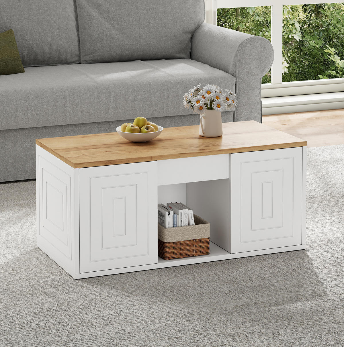 COUCHTISCH höhenverstellbar 95 x 46 x 45 cm Weiß/Natur mit Stauraum - Weiß, Holzwerkstoff (46/95/45cm) - Meubliv