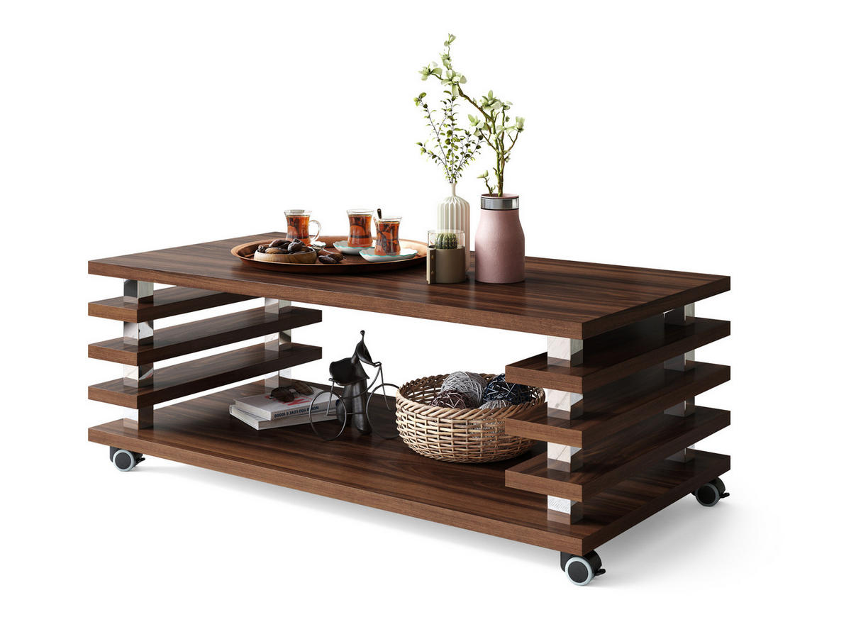 COUCHTISCH rechteckig Nussbaum Ablage Rollen - Nussbaumfarben, Holzwerkstoff (60/120/45cm) - designimpex