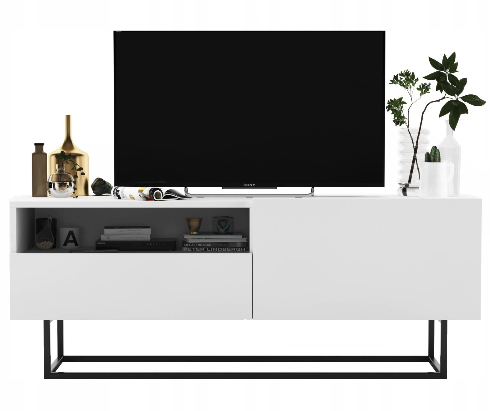 Meble Lindner TV stolek Enjoy Bílá mat 120 cm se zásuvkou a kovovým rámem
