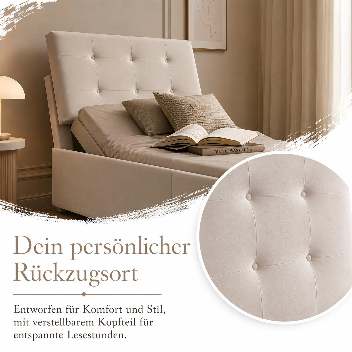 EINZELBETT 90x200 Samt Mit Stauraumschublade Stabil Lattenrost - Creme, Holz