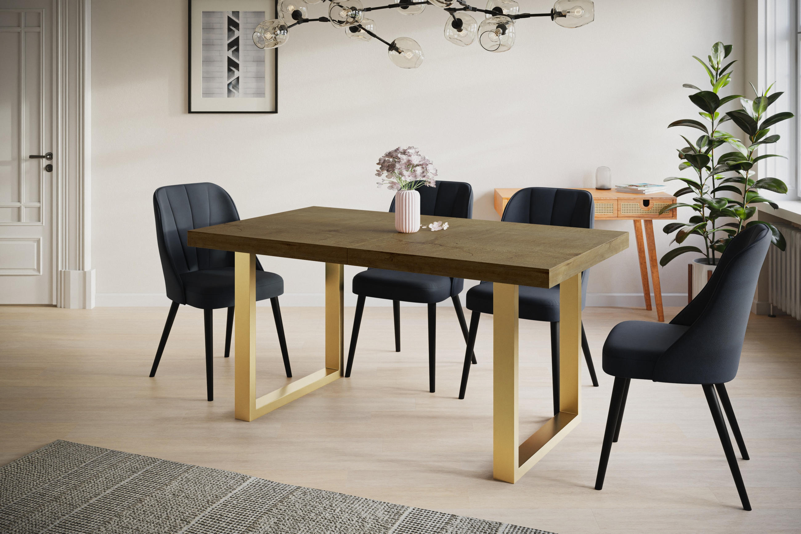 ESSZIMMERTISCH LOFT-U, ausziehbarer Tisch 120-220X80X77 cm, Farbe: LEFKAS, mit Metallbeinen in Farbe Gold - Dunkelbraun/Goldfarben, Holzwerkstoff (120/80/77cm) - Alpi-Möbel