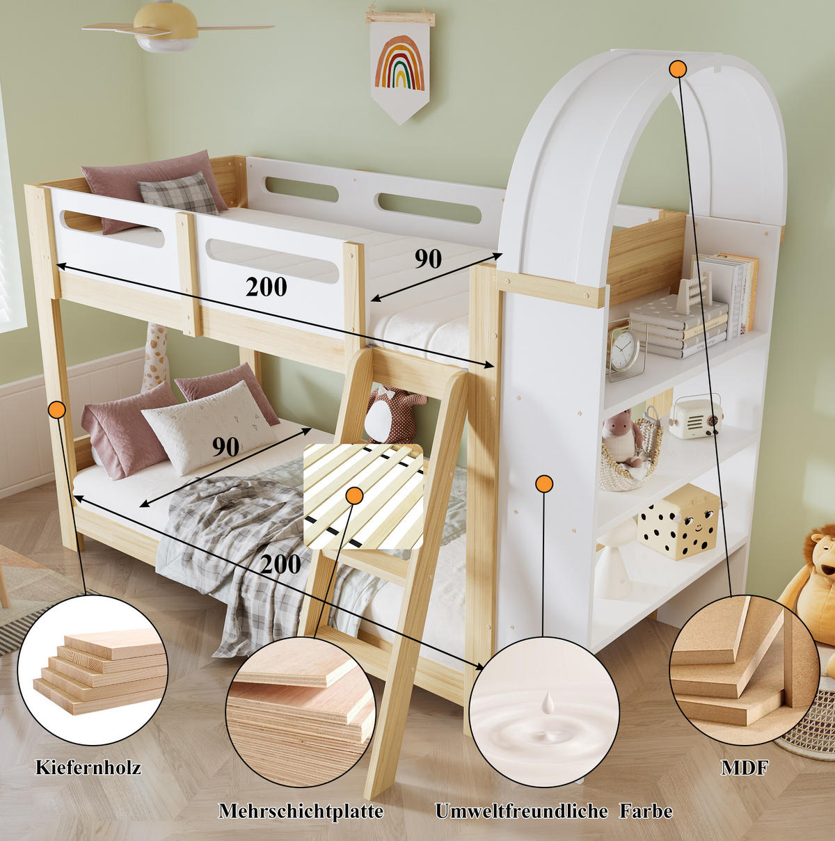 ETAGENBETT 90/200 cm Weiß+Natur mit dreistufigem Regal und sicherem Bettgitter aus Kiefer und MDF - Naturfarben, Holzwerkstoff (90/200cm) - OKWISH