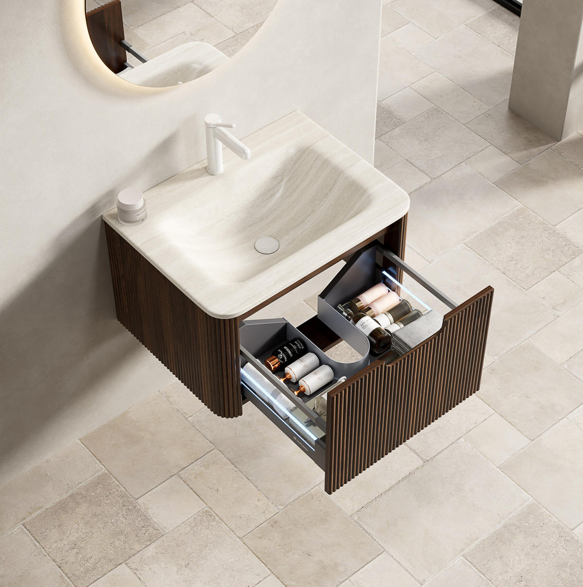 WASCHTISCHKOMBI mit gesintertem Steinbecken 60x46x37.5cm Beige & Nussbaum, LED-Soft-Close - Walnussfarben, Stein (46/37.5/60cm) - Modfu