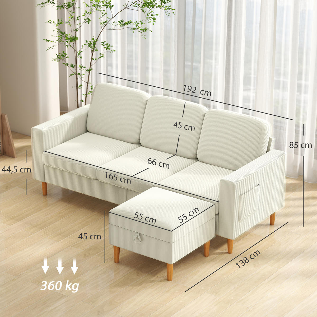 SOFA, 3-Sitzer, Cordbezug, Fußstütze, gepolstert, beige, 192x138x85cm - Multicolor, Holzwerkstoff (192/85/138cm) - FORIOUS