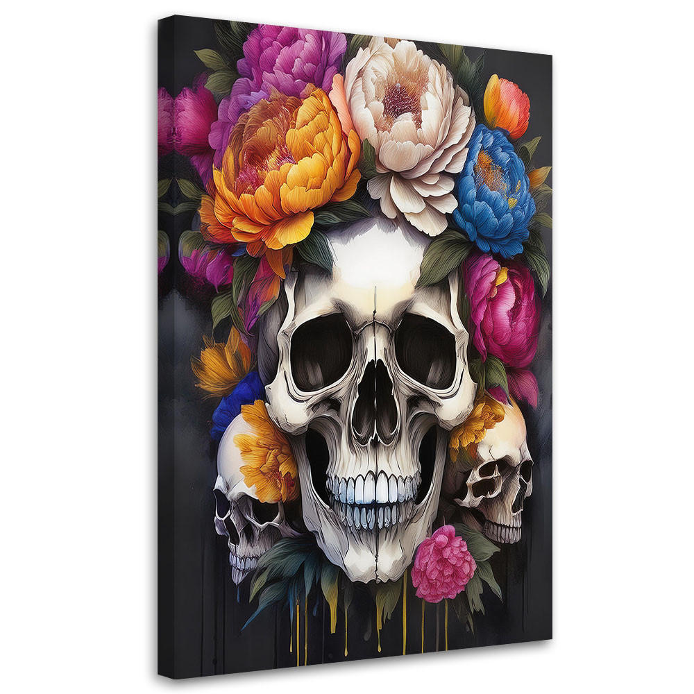 LEINWANDBILD Totenkopf Pfingstrosen Blumen bunt 40x60cm - Multicolor, Textil (40/60cm) - Feeby
