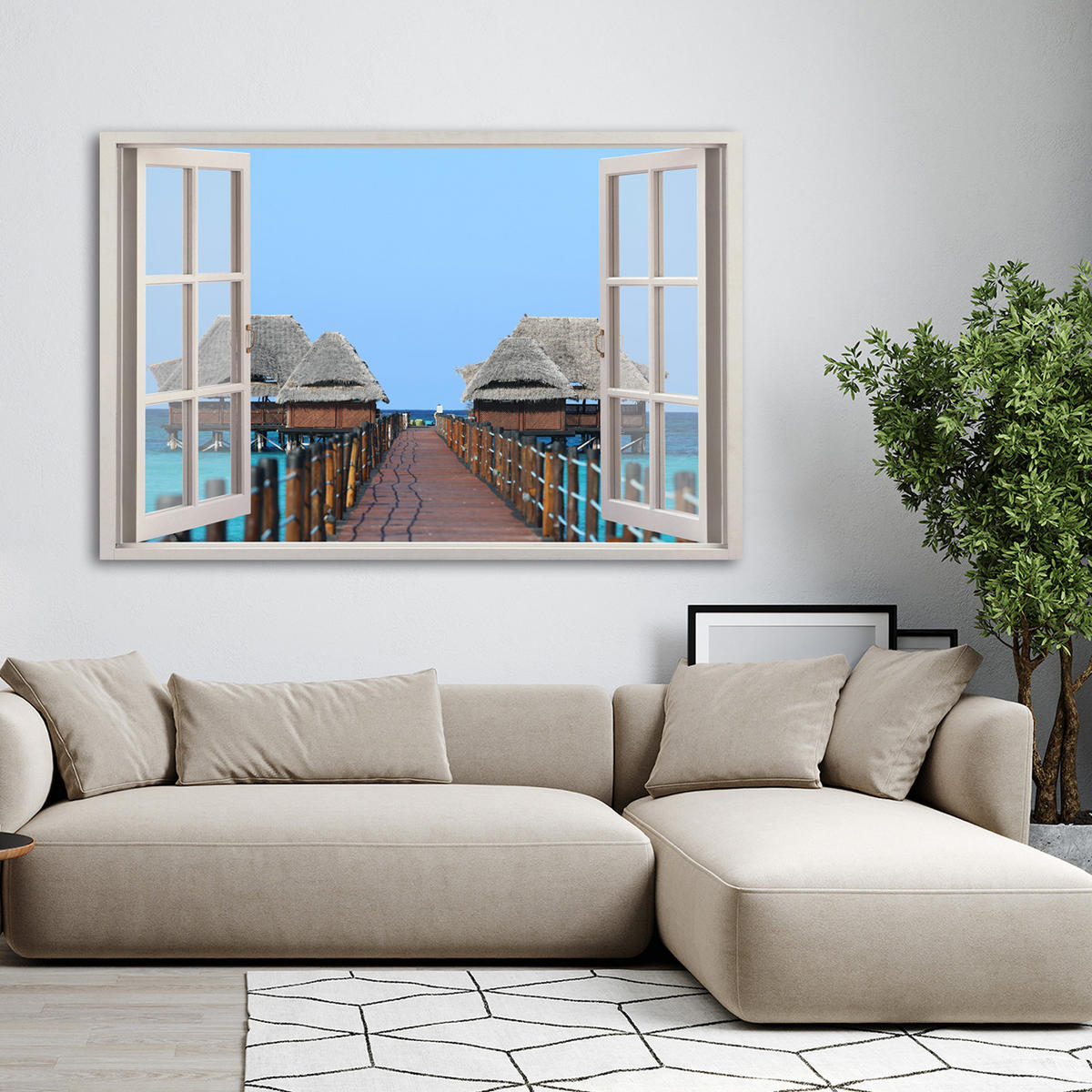 WANDBILD fensterblick tropische natur sansibar - Blau, Textil (60/40cm) - Feeby