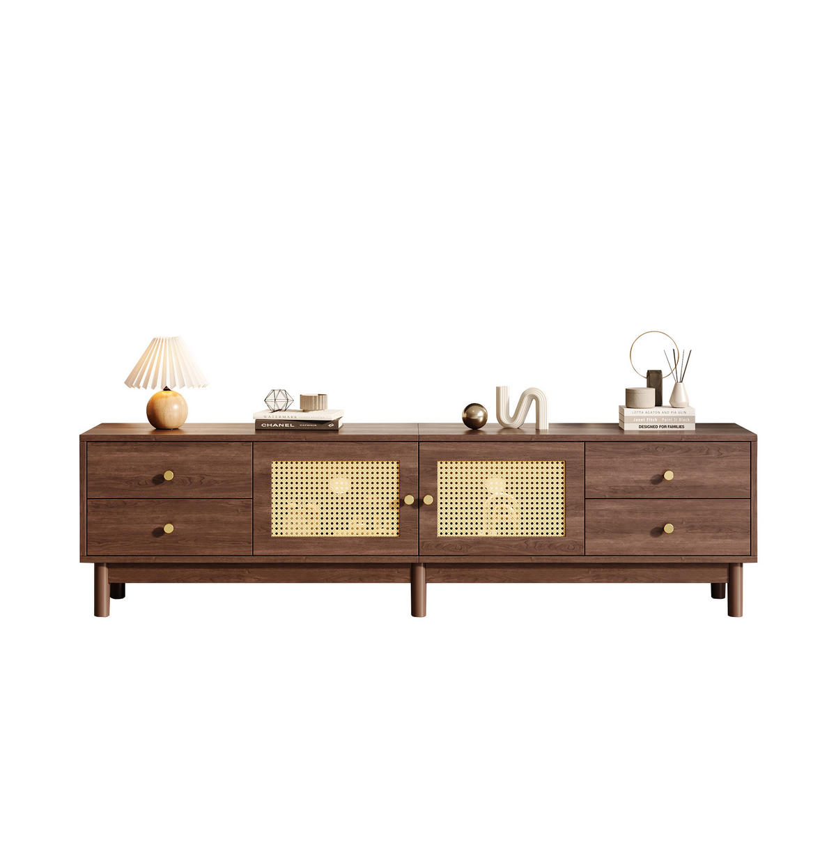TV-SCHRANK aus Holzwerkstoff 180x35x44 cm Braun mit Rattantüren, 4 Schubladen, Kabelmanagement und hydraulischen Scharnieren - Rotbraun, Holzwerkstoff (180/44/35cm) - Modfu