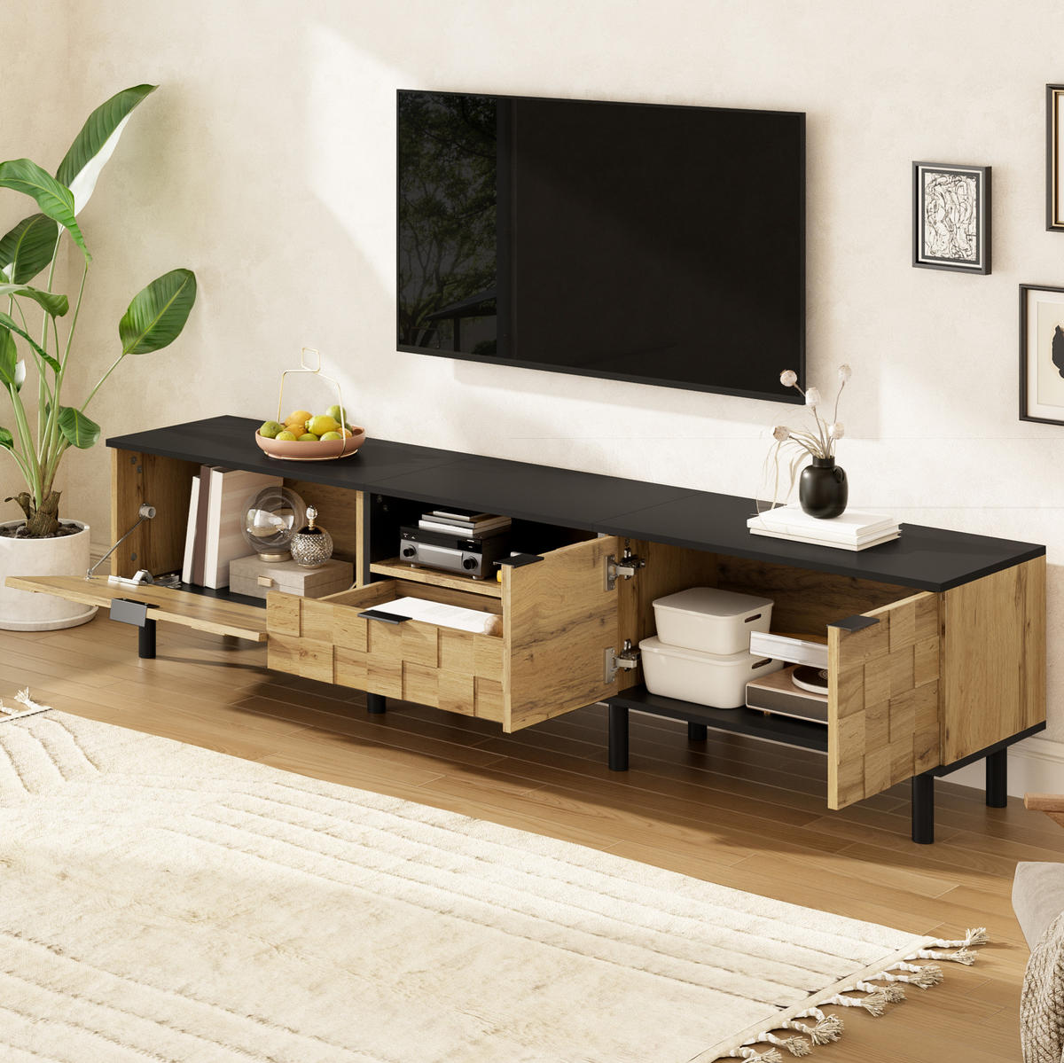 TV-LOWBOARD mit Mosaikfront 170 x 35 x 44,5 cm Holzoptik Natur/Schwarz - Braun, Holzwerkstoff (35/44.5/170cm) - Beauniv