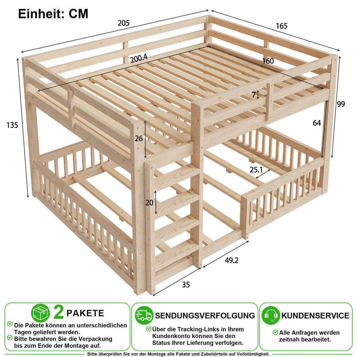 ETAGENBETT 160/200 cm in Natur mit Geländern aus Kiefer und MDF - Naturfarben, Holz/Holzwerkstoff (160/200cm) - CHICFURN