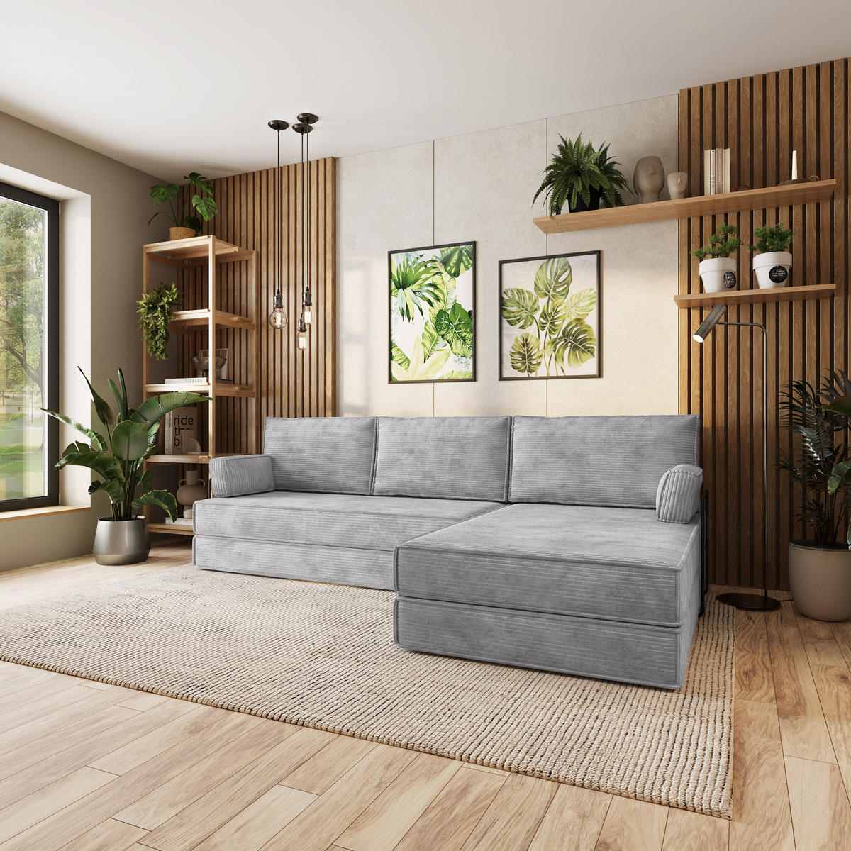 ECKSOFA ANKO modulares Boneless Sofa mit Schlaffunktion Hellgrau Kordstoff - Hellgrau, Textil (270/160cm) - MASSENO