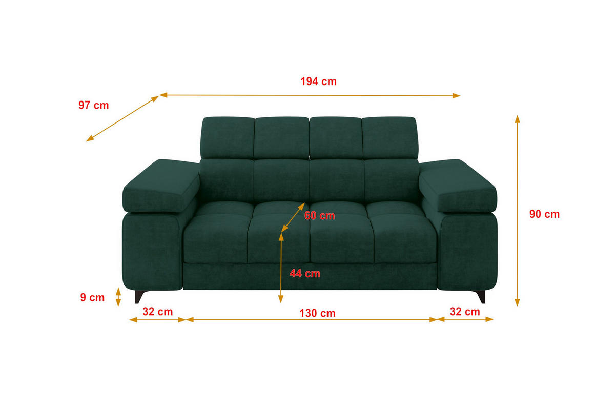 SOFA 2-Sitzer LORD-S1 194x97x90 cm Grün Samt - Grün, Holzwerkstoff/Textil (194/90/97cm) - ALTDECOR