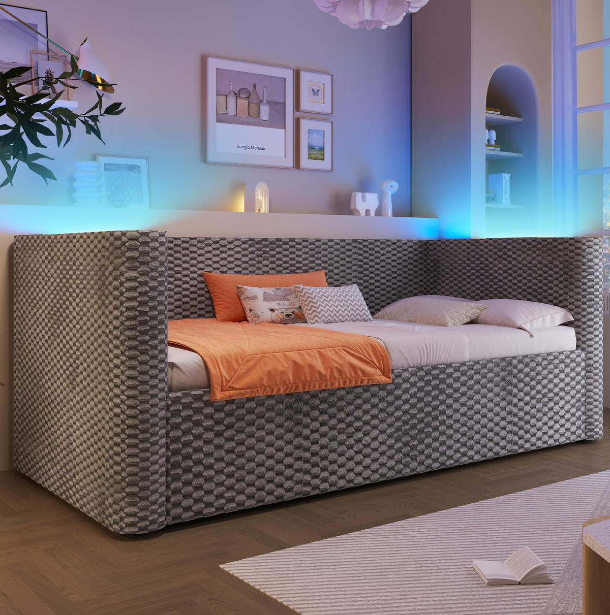 TAGESBETT aus Samt 90x200 cm Grau mit LED-Beleuchtung und hydraulischem Stauraum - Grau, Textil (90/200cm) - IVMEU