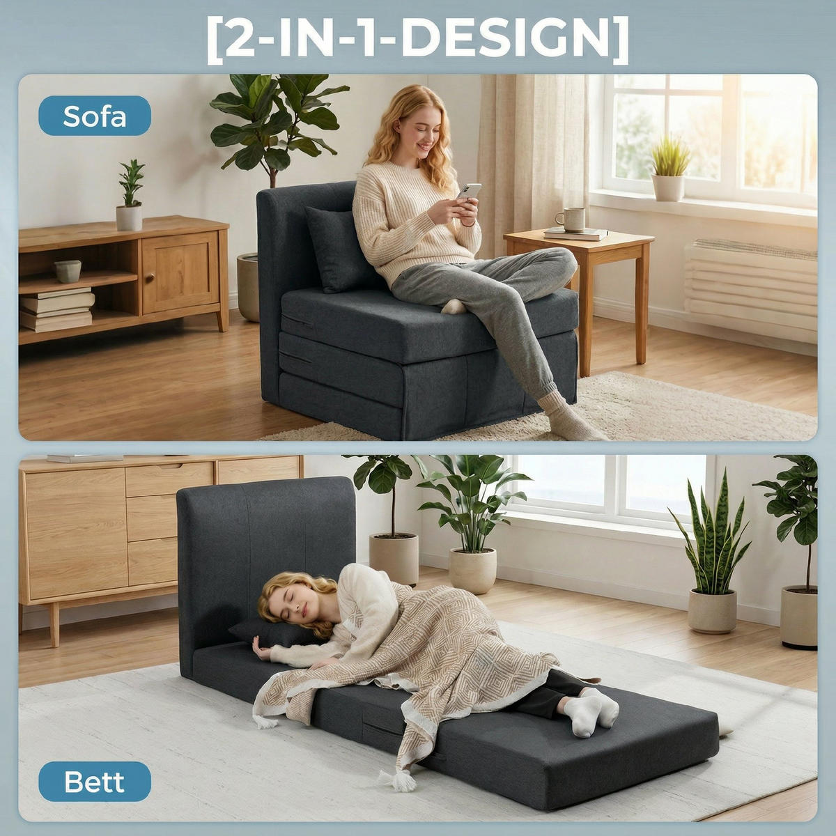 SCHLAFSESSEL DE-06578 klappbares Sofa-Bett, Leinenstruktur Dunkelgrau - Dunkelgrau, Holz/Textil (75/74/80cm) - ComfortXL