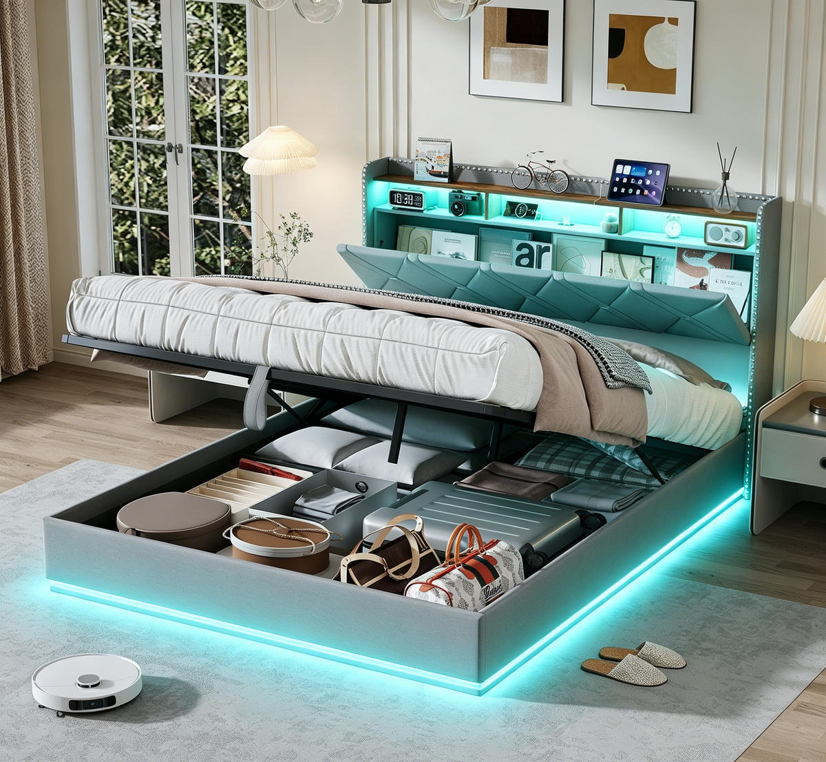POLSTERBETT 160/200 cm Jugendbett Grau mit verstellbarer LED-Beleuchtung & USB - Grau, Holz/Textil (160/200cm) - PARAFTA HOME