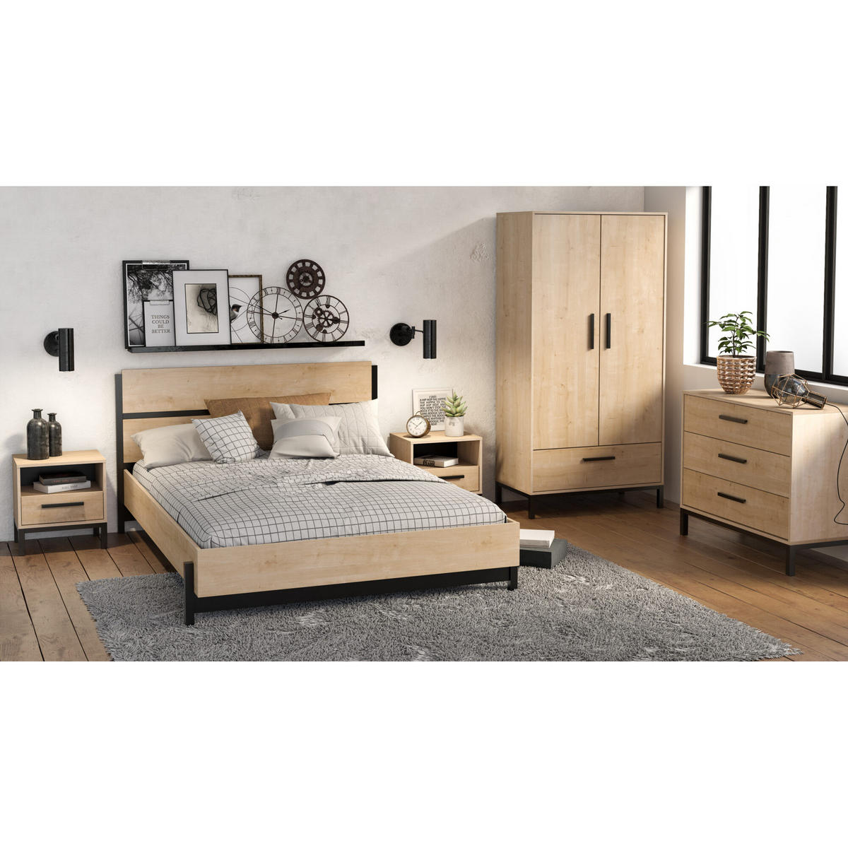 NACHTTISCH, 1 Tür - CRAFT - Eiche und Schwarz - 44,6 x 35,6 x 47,4 cm - Beige, Holz (35.6/47.4/44.6cm) - Demeyere