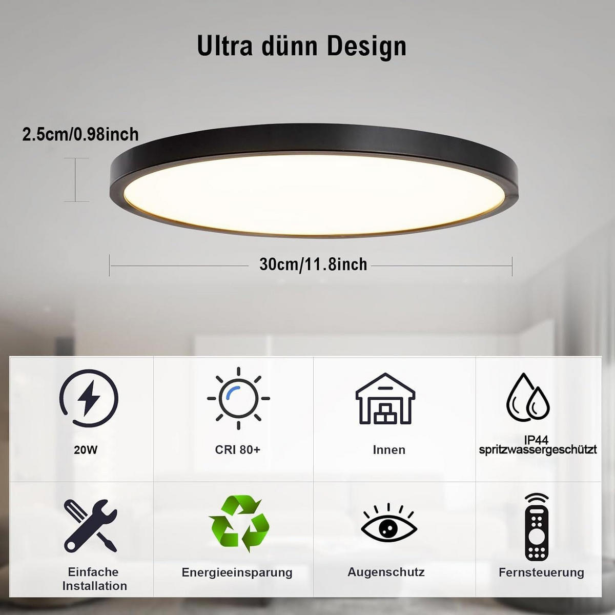 LED DECKENLEUCHTE Gibson 30/30/2 - Schwarz, Kunststoff (30/30/2cm) - Nettlife
