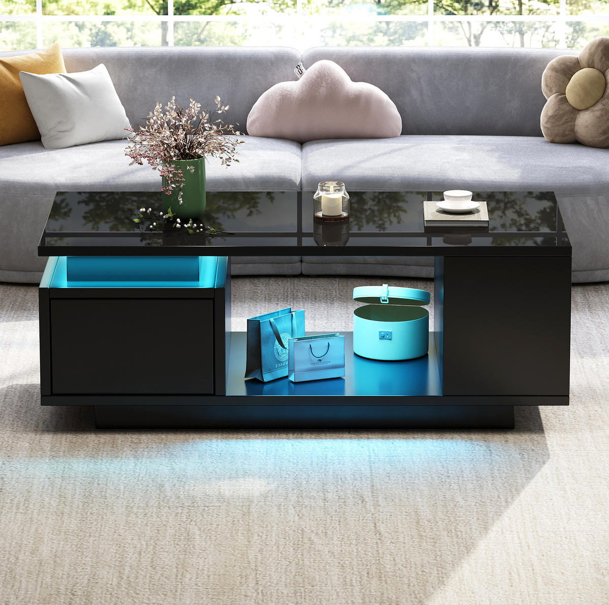 COUCHTISCH 100/50/36 cm schwarz aus Spanplatte mit LED-Beleuchtung - Schwarz, Holzwerkstoff (100/50/36cm) - OKMYHOME