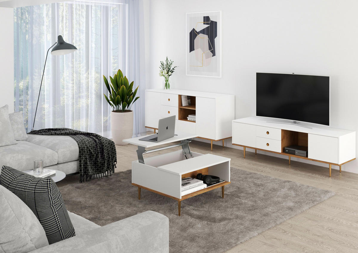 COUCHTISCH Harmoni, Höhenverstellbarer, Weiß, Goldenen Details - Goldfarben/Weiß, Holzwerkstoff/Metall (69/75/43cm) - Skandica