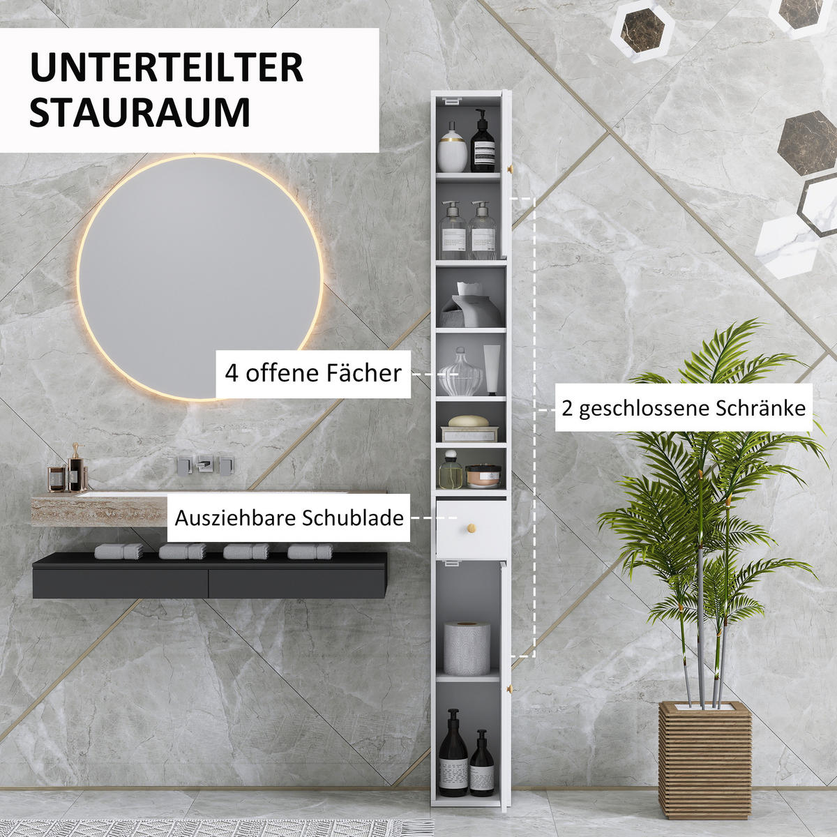 BADEZIMMERSCHRANK schmal, 3 offenen Fächern, 20 x 20 x 178 cm Weiß - Weiß, Holzwerkstoff (20/178/20cm) - HOMCOM