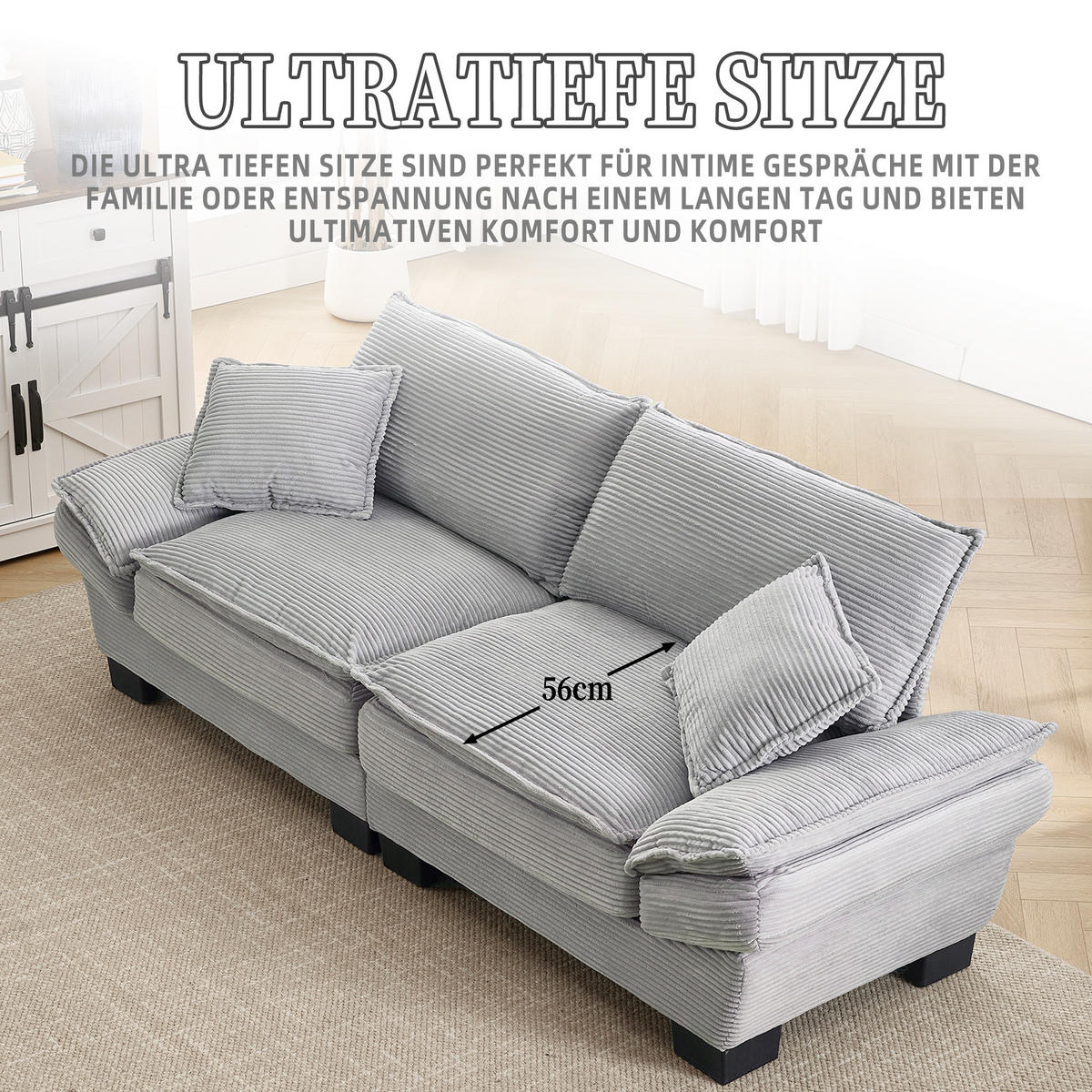 2-SITZER Sofa Samt mit extra tiefem Sitz und Kissen 224/81/81 cm Hellgrau - Hellgrau, Textil (81/224/81cm) - Redom