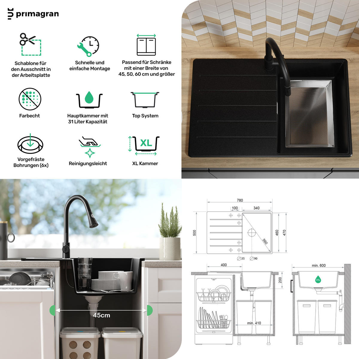 GRANITSPÜLE Kopenhagen, 2-er set Grau 78/50 cm 1 Becken + Küchenarmatur 40/20 cm + Ablauf-Set + Schneidebrett ab 45er Unterschrank - Chromfarben/Beige, Kunststoff (78/20/50cm) - Primagran