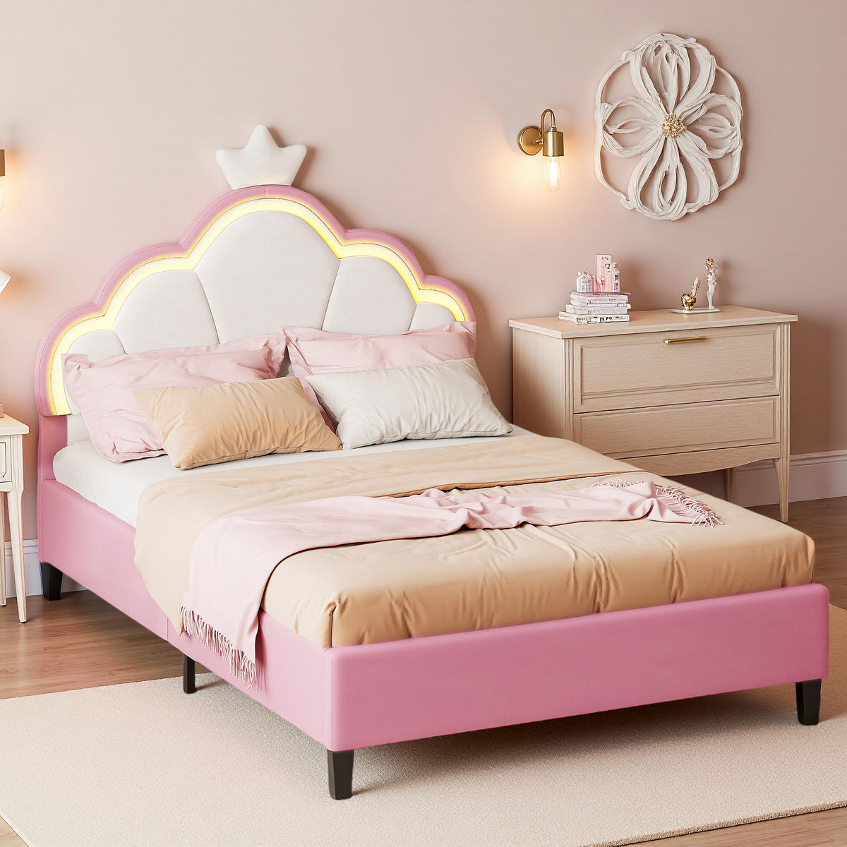 POLSTERBETT 90x200 cm Rosa Weiß Samt LED Krone Verstellbar - Pink, Holz (90/200cm) - SHOPENTRA