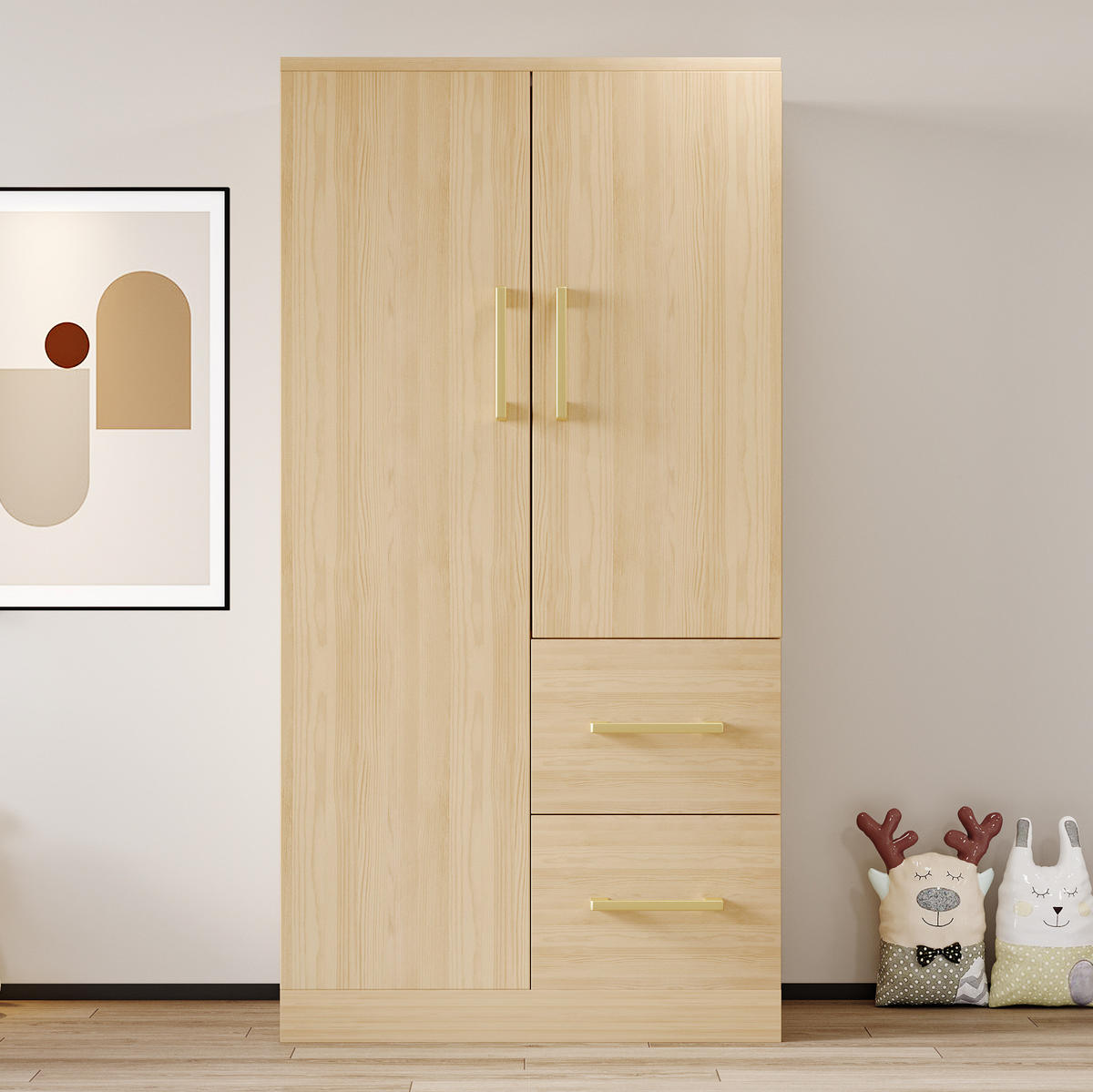 KLEIDERSCHRANK Holz, Doppeltür mit 2 Schubladen & Staufach, 70/40/135 cm, Naturholz - Naturfarben, Holz (70/135/40cm) - Redom