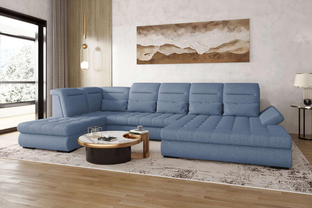 WOHNLANDSCHAFT Toscana Strukturstoff inkl. Schlaffunktion - Blau, Textil (358/87/208cm) - 99rooms