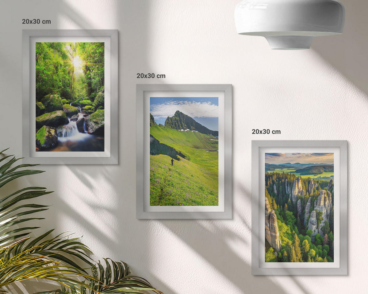 BILDER SET 3er Set - 20x30 cm Silberner Rahmen - Grüne Berge Wasserfallwald - Silberfarben, Kunststoff (20/30cm) - TULUP