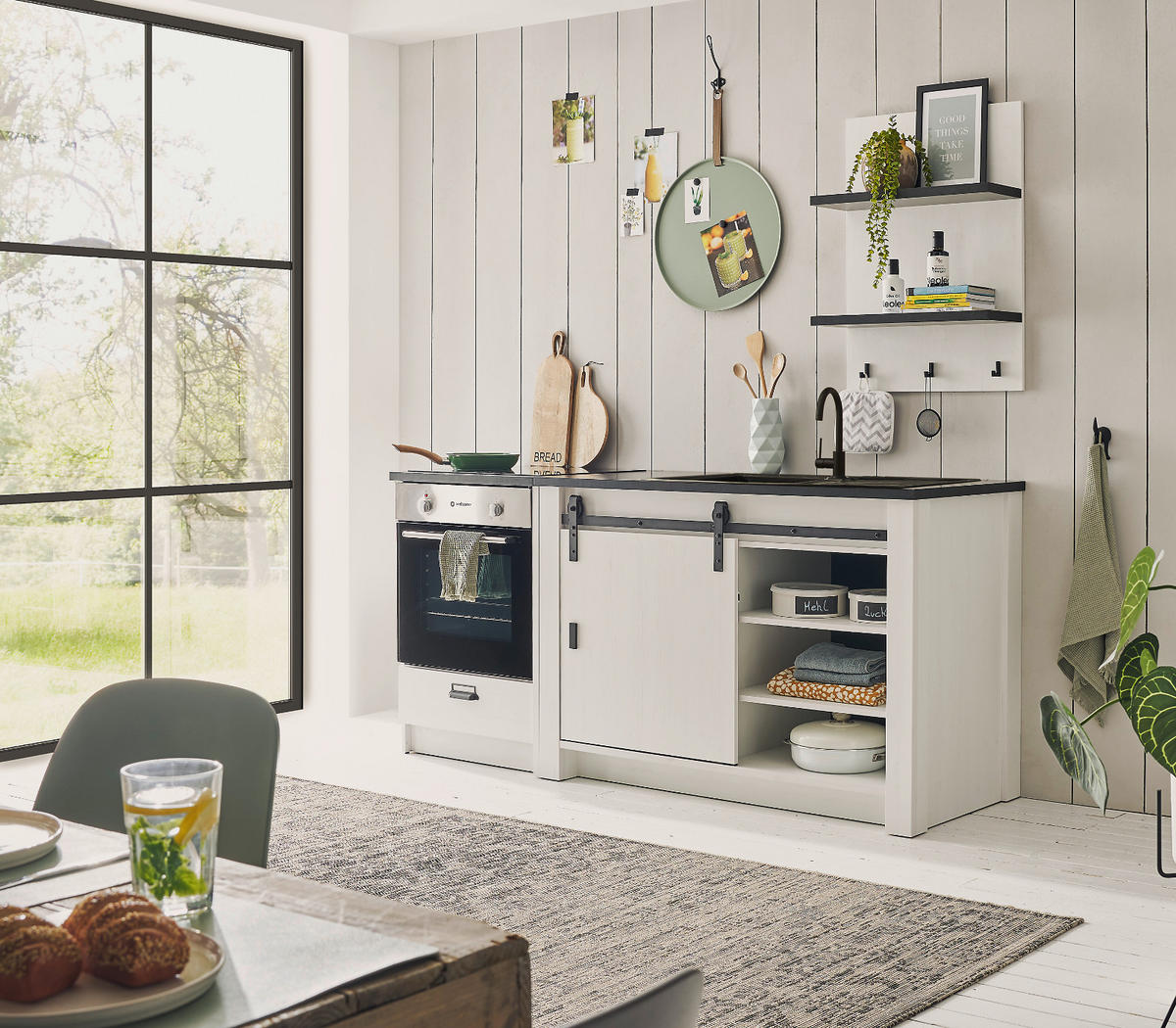 KÜCHEN-SET weiß Pinie, anthrazit 3-teilig 196 cm, Küchenschrank Set im Landhaus-Stil - Anthrazit/Schwarz, Holzwerkstoff/Metall (196/180/64cm) - Furn.Design