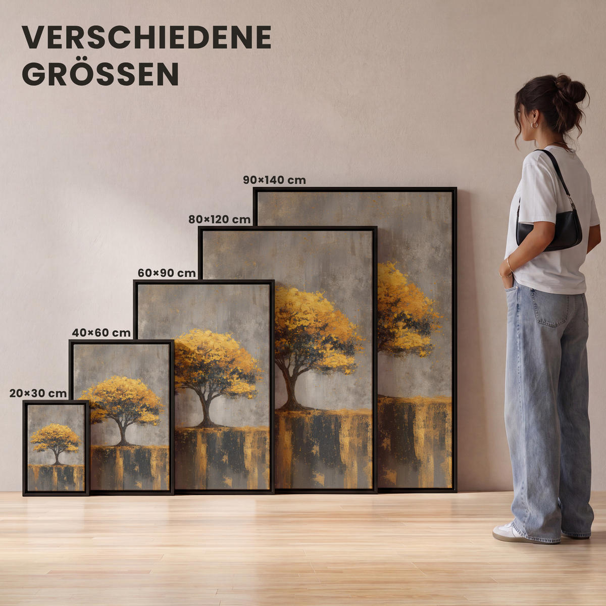 LEINWAND Bilder mit Rahmen - Baum - Blätter - Gold - Abstrakt - 80x120 - Grau, Textil (80/120cm) - MuchoWow