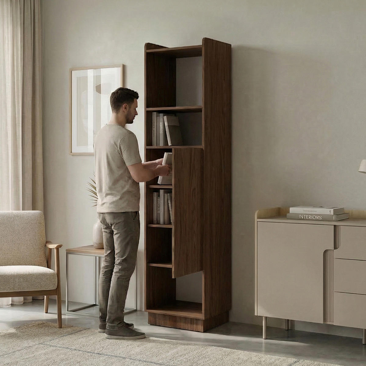 BÜCHERREGAL Positivo mit 1 Tür, 45 cm, Alba-Nuss + Kaschmir - Nussbaumfarben, Holzwerkstoff (45/195/42cm) - Beautysofa
