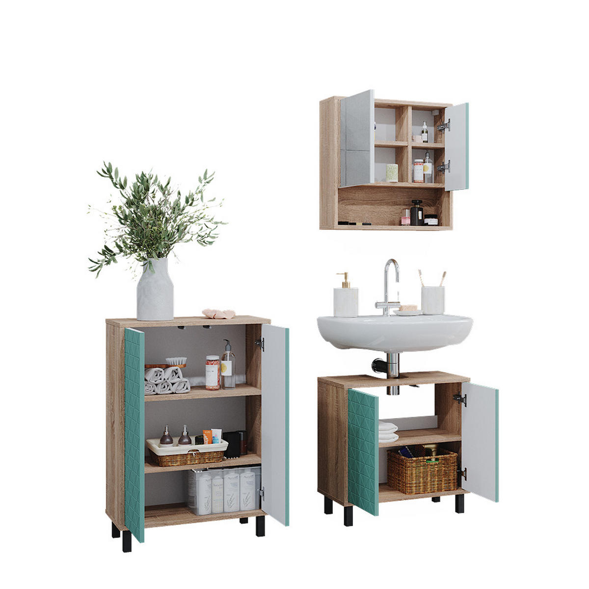 BADMÖBEL-SET Agasta Mintgrün 3 Teile - Mintgrün/Sonoma Eiche, Holzwerkstoff (56/57/28cm) - Vicco