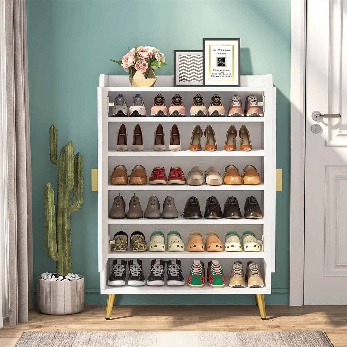 SCHUHSCHRANK 7 Ebenen mit Türen Holzoptik - Weiß, Holz (75/110/37cm) - Kaket
