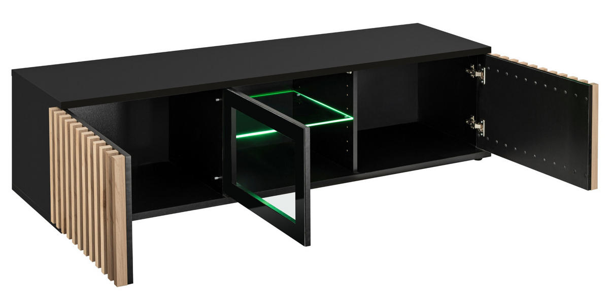 TV-LOWBOARD schwarz, Eiche Jackson 163 cm, TV Unterteil mit 3D-Lamellen inklusive Beleuchtung - Eichefarben/Schwarz, Glas/Holzwerkstoff (160/42/45cm) - Furn.Design