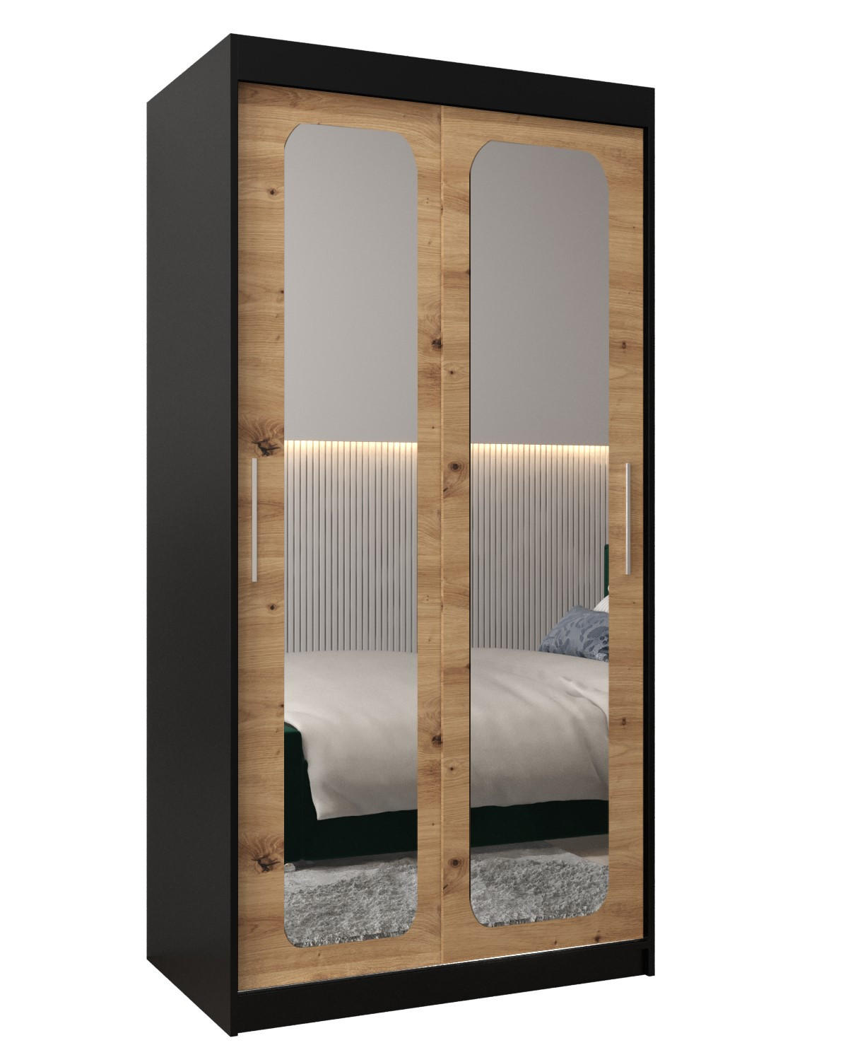 Abiks Möbel Schwebetürenschrank Schwarz, Eiche Artisan 100x200x62 cm