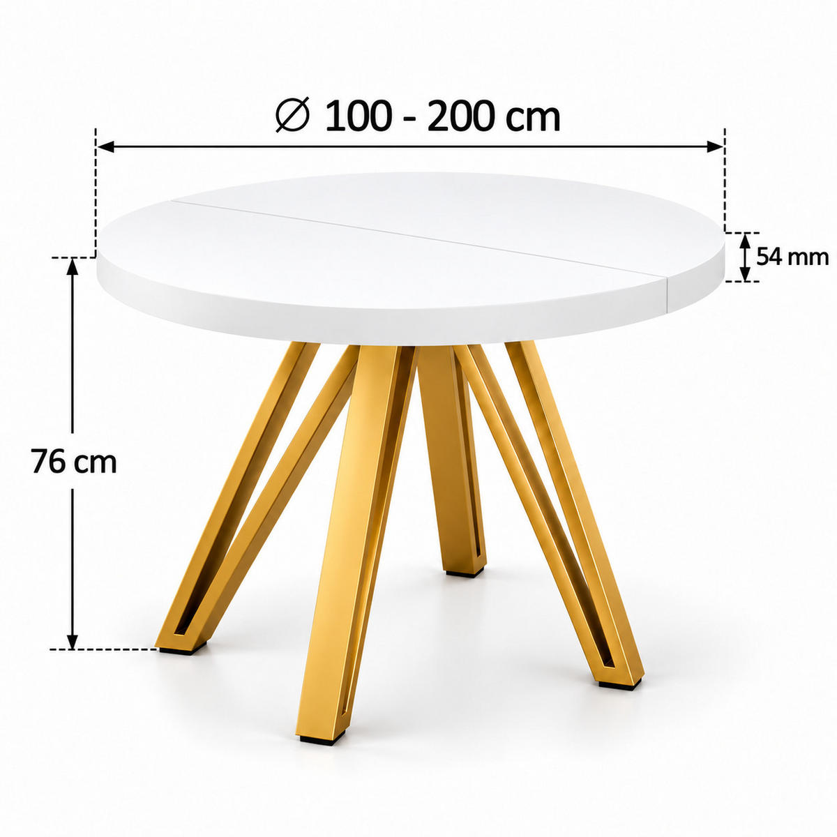 ESSTISCH rund ausziehbar 100/200/76 cm, Weiß , 54 cm Tischplatte + Industrial Metallgestell Gold - Goldfarben/Weiß, Holzwerkstoff/Metall (100/200/76cm) - Damale Möbel