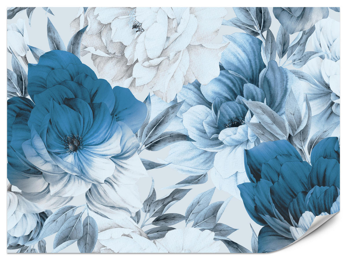 FOTOTAPETE für Wohnzimmer Blaue Pfingstrosen Zart Blumen Boho 500x350 - Blau/Weiß, Papier (500/350cm) - Muralo