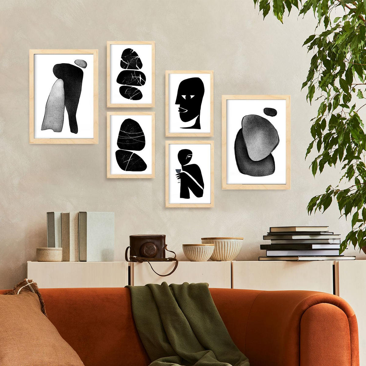 POSTER Set Mit 6 Datenlose Köpfe In Liebhaber Abstrakt Ästhetische Dekorative Gemälde Für Ihr Wohnzimmer Zuhause A3 & A4 Rahmen Aus Hellem Holz - Beige, Papier (29/3cm) - Nacnic