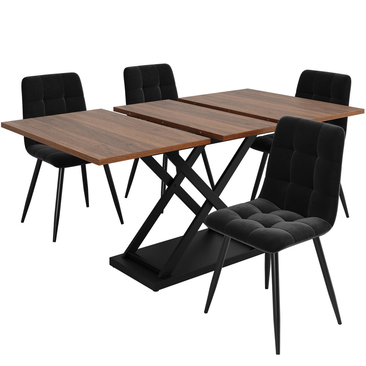 ESSTISCHSET 5-Teilig Ausziehbar 160x80 Cm, 4 Stühle, Schwarz Samt, Nussbaum - Walnussfarben, Metall (80/75/120cm) - FLIEKS