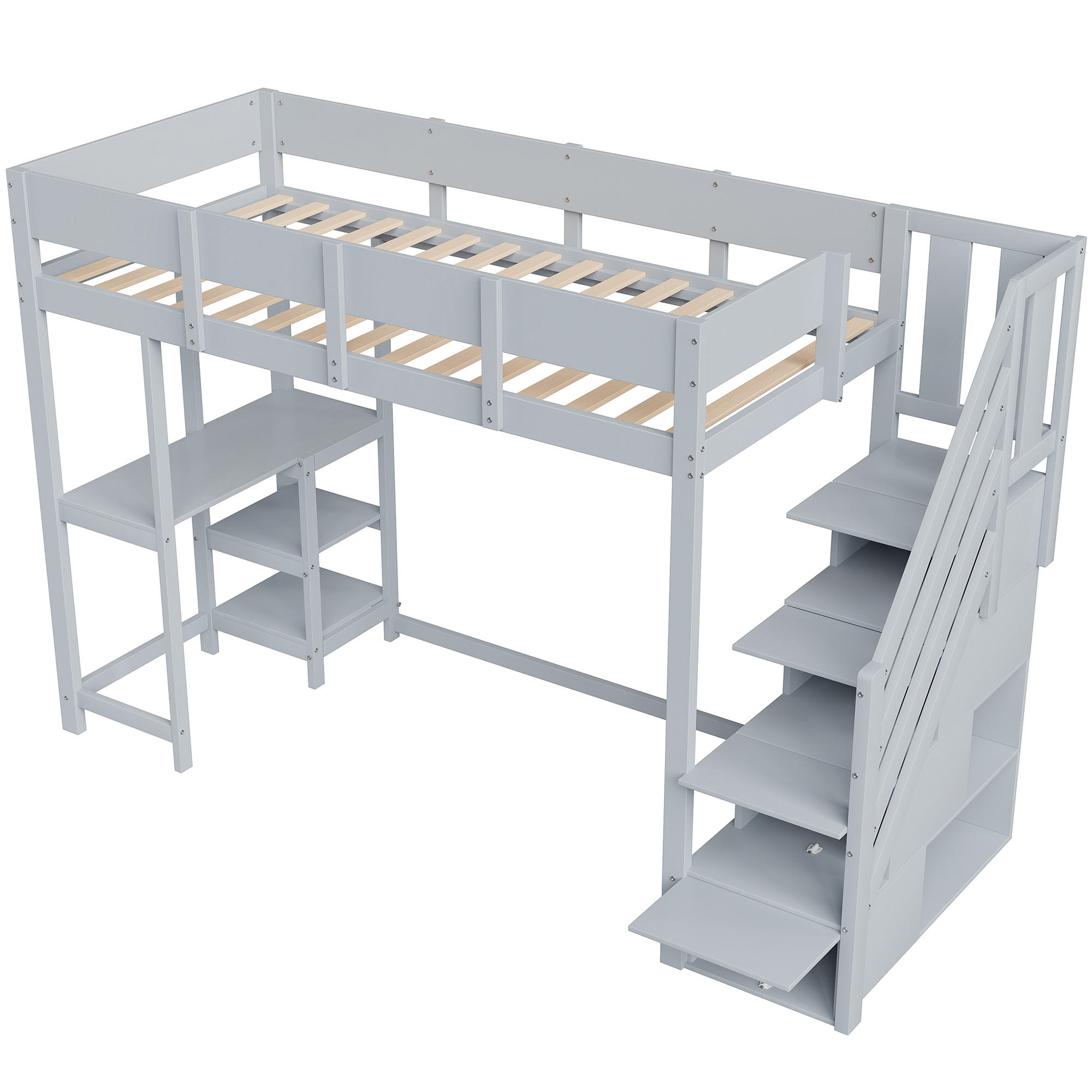 HOCHBETT 90/200 cm DE-01427, in Grau, mit Stauraumtreppe und Ablage - Grau, Holz (90/200cm) - ComfortXL