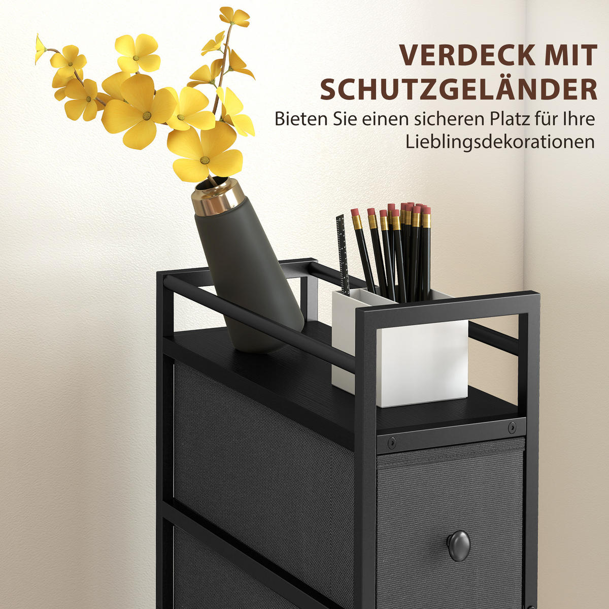 KOMMODE Schrank mit 4 Schubladen aus Vliesstoff Schmal Aufbewahrungsschrank - Schwarz, Kunststoff/Textil (43/81.5/20cm) - HOMCOM