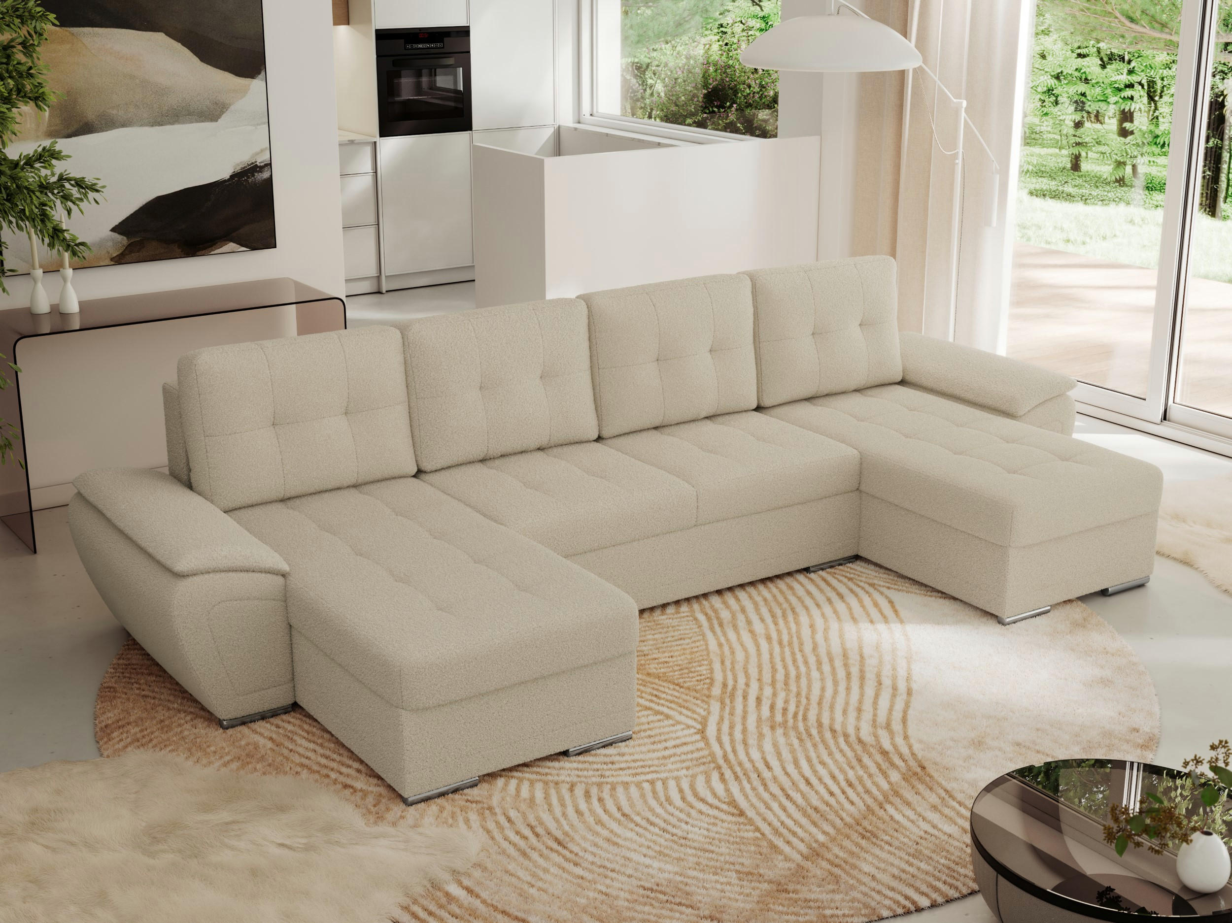 WOHNLANDSCHAFT UMBRIA U Beige Boucle - Beige/Grau, Textil/Metall (336/85/157cm) - MKS