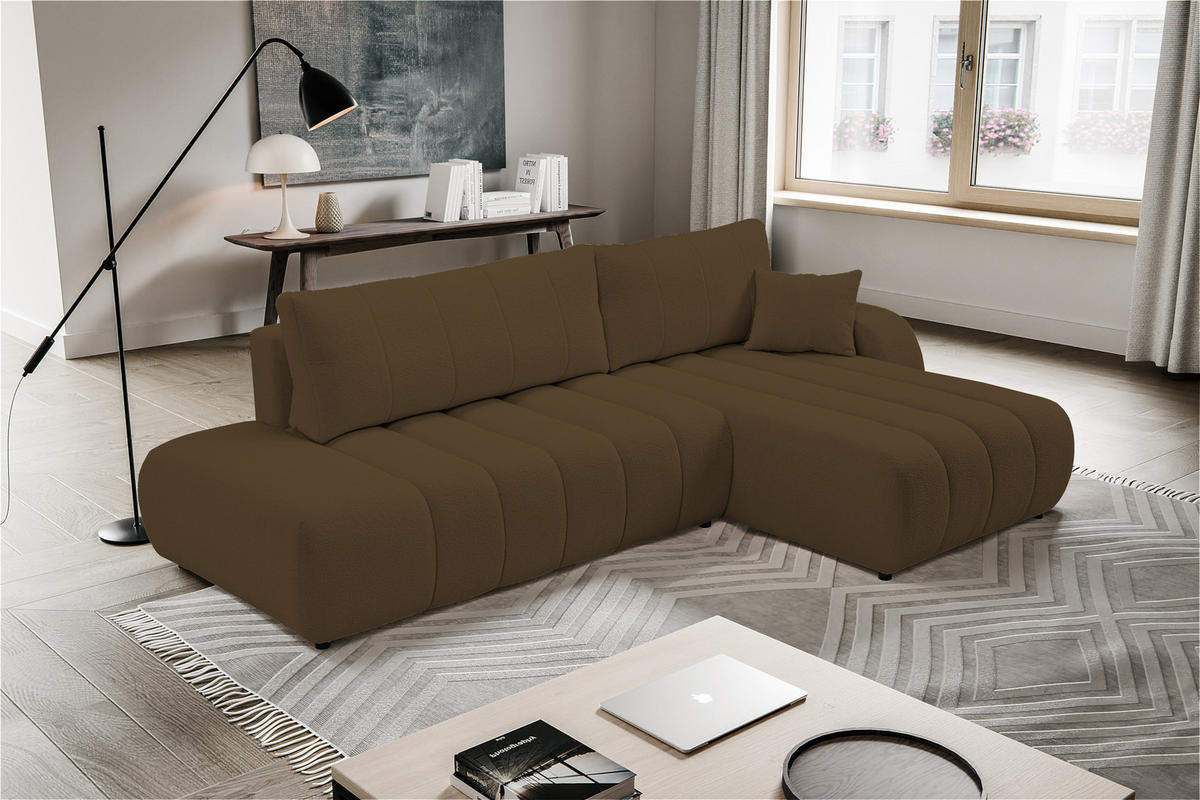 ECKSOFA Baloo mit Schlaffunktion und Bettkasten, komfortable Polsterung, Stoffbezug, lose Rückenkissen, freistehend, RECHTS, 276x176x88 cm, Brown - Braun, Holz/Textil (276/176cm) - DomoHome