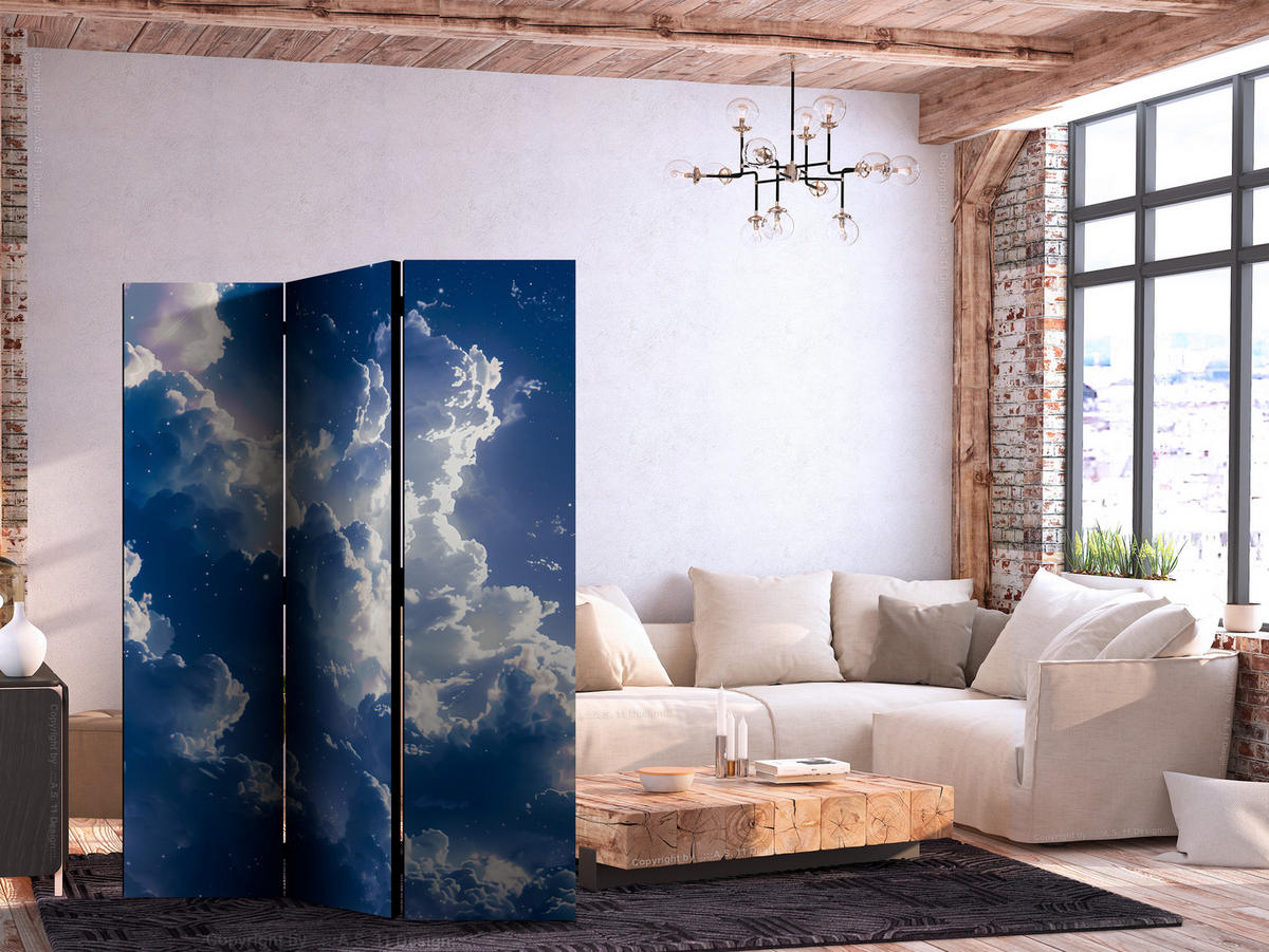 PARAVENT Beidseitig Bedruckter 3-tlg 135x172 cm Sonniger Himmel mit Wolken - Blau, Holz/Textil (135/172/3cm) - Muralo