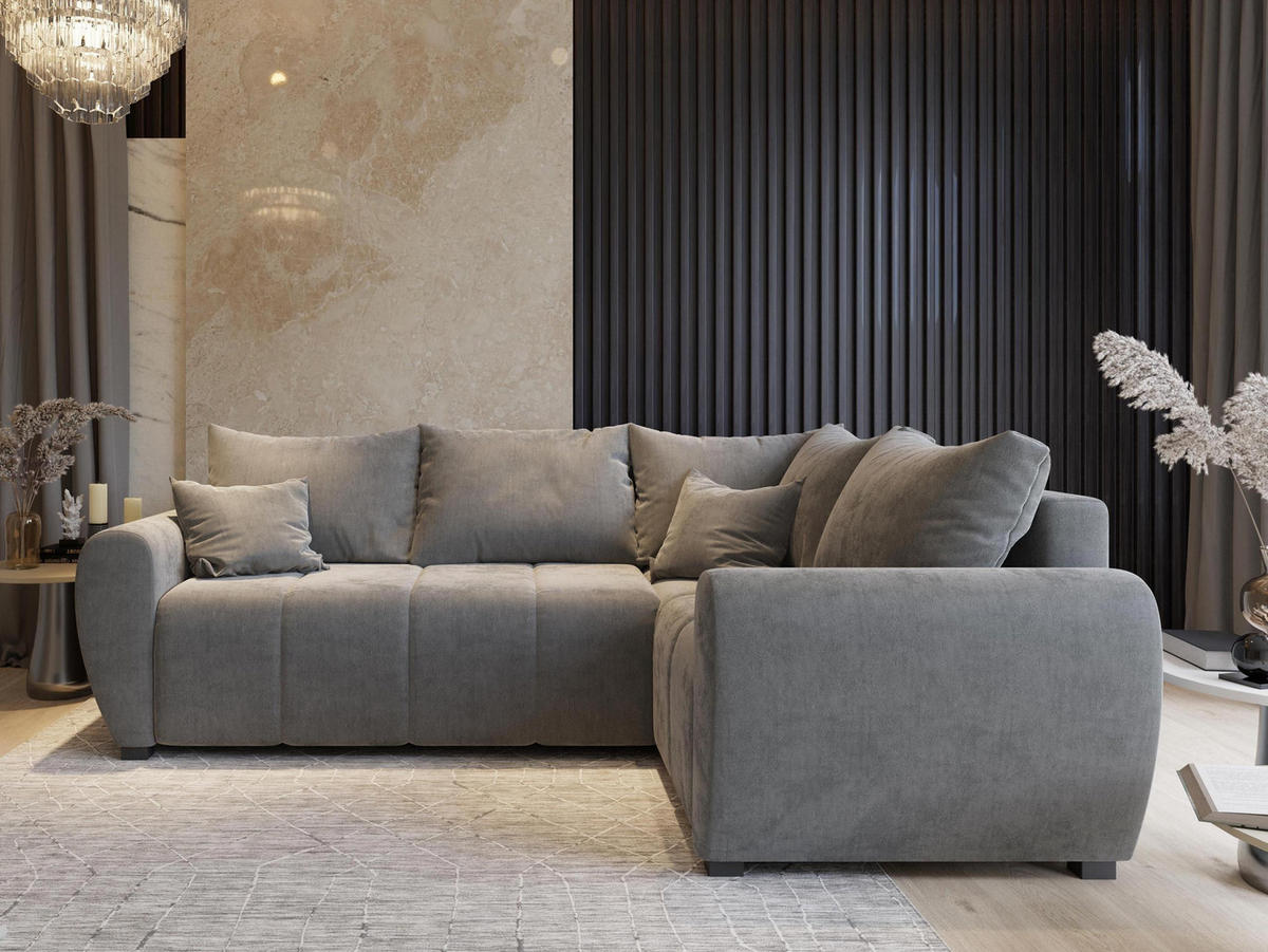 ECKSOFA MADISON L R-S Schwarz Plüsch-Stoff mit Schlaffunktion - Schwarz, Holz (235/175cm) - MASSENO