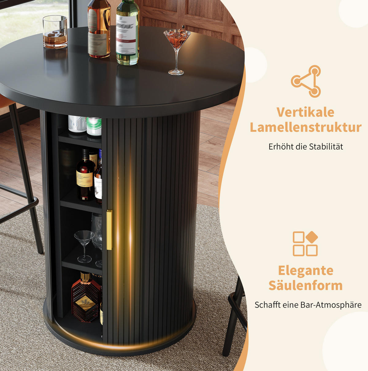 BARTISCH 60/60/91,6 cm in Schwarz mit Stauraum und Schiebetür - Schwarz, Metall (60/60/91.6cm) - BEAOK