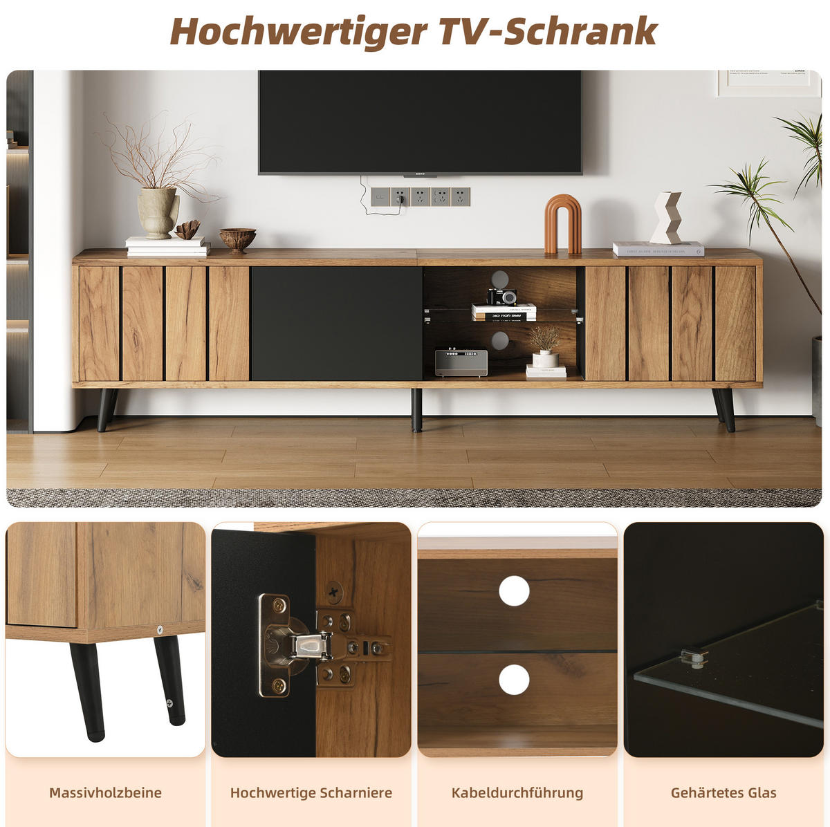 TV ormarić od iverice 175x31,5x45 cm prirodna boja i crna s 3 ormarića i kaljenim staklom za TV do 75 inča - svijetlo smeđa, drvni materijal (175/45/31.5cm) - Modfu