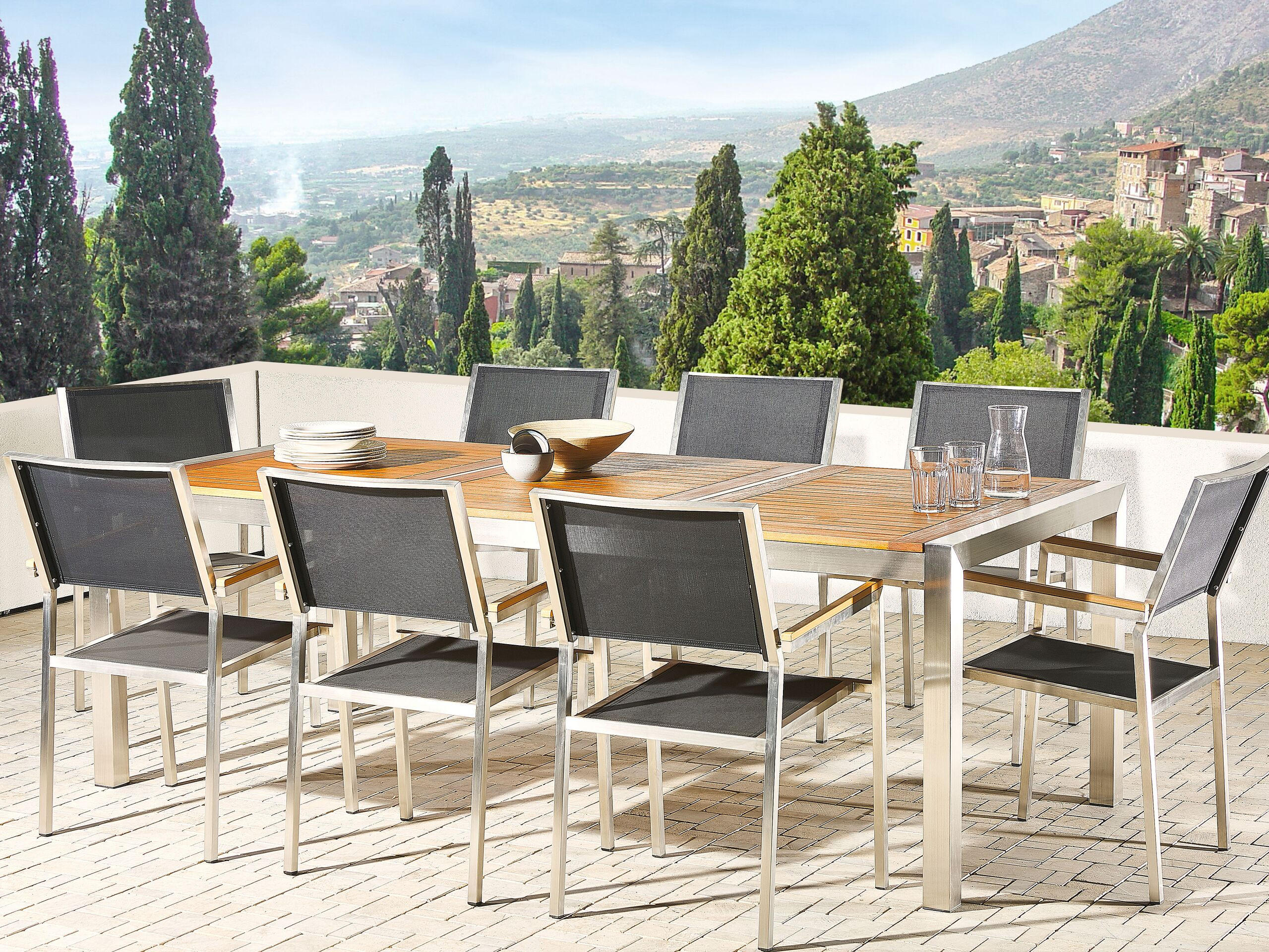 GARTENTISCH Eukalyptusholz hellbraun 220/100 cm Grosseto - Hellbraun/Silberfarben, Metall (220/100/74cm) - Beliani